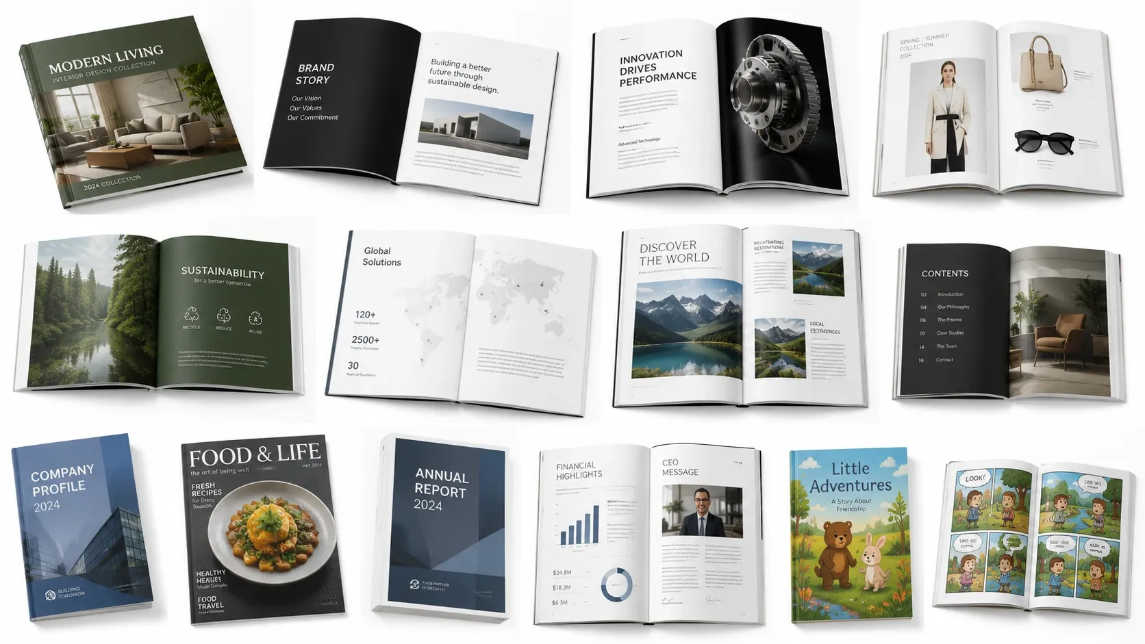 Multi-product catalog spread — books and brochures printed by Yader